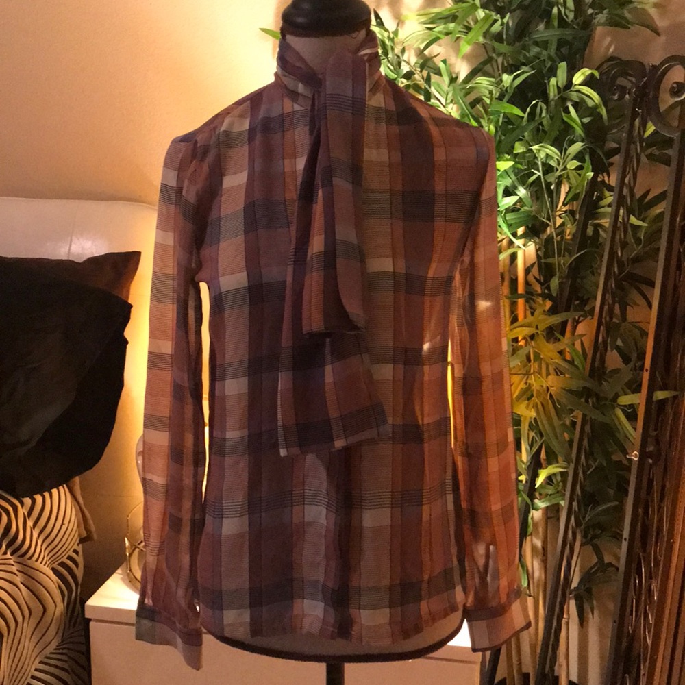 Vintage Pussy Bow Tie Button Sheer Blouse …